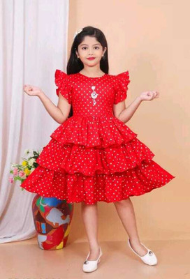 ASFASHION Creations Girls Midi/Knee Length Party Dress(Red, Short Sleeve)