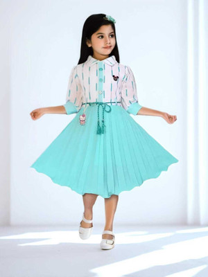 KidsCute Baby Girls Above Knee Casual Dress(Blue, 3/4 Sleeve)