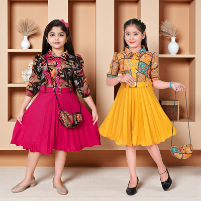 HALDER Girls Midi/Knee Length Casual Dress(Pink, Half Sleeve)