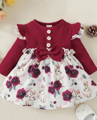 Further Girls Midi/Knee Length Casual Dress(Maroon, Full Sleeve)