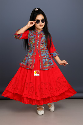 Smsarful Girls Maxi/Full Length Festive/Wedding Dress(Red, 3/4 Sleeve)