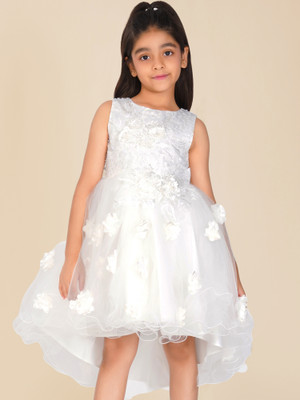 HEREANDNOW Girls Midi/Knee Length Party Dress(White, Sleeveless)