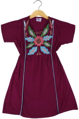 IKKAI Girls Below Knee Casual Dress(Purple, Short Sleeve)