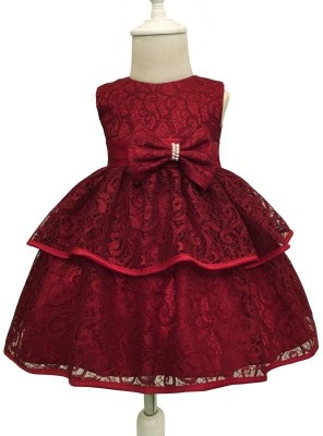 Wow princess Girls Midi/Knee Length Party Dress(Maroon, Sleeveless)