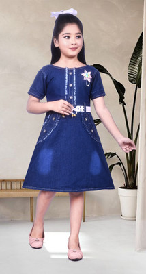 Rk Dresses Girls Midi/Knee Length Party Dress(Blue, Half Sleeve)