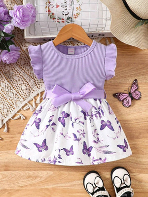 Miss & Chief Girls Midi/Knee Length Party Dress(Purple, Short Sleeve)