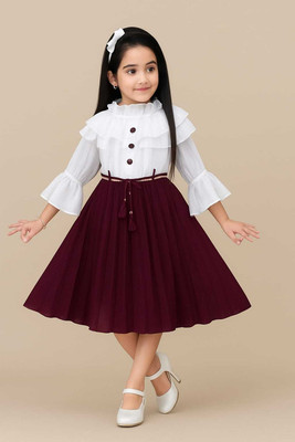 UmBri fashion Girls Midi/Knee Length Casual Dress(Purple, 3/4 Sleeve)