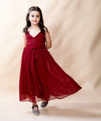 mallick creation Girls Maxi/Full Length Party Dress(Red, Sleeveless)