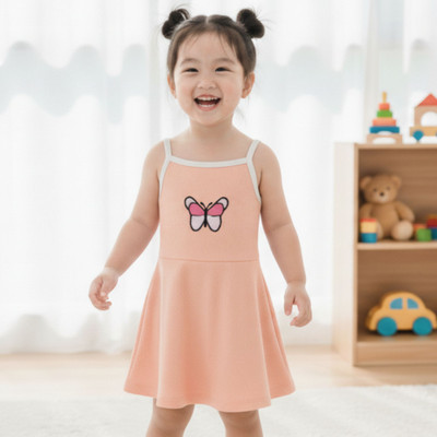 DAWINAR Girls Midi/Knee Length Casual Dress(Beige, Half Sleeve)