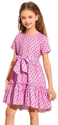 LUCILLE FASHION Girls Above Knee Casual Dress(Pink, Short Sleeve)