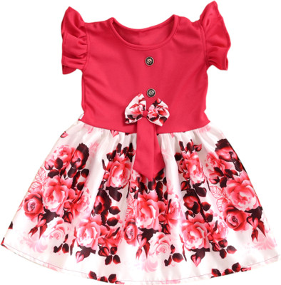 SCARFHAVEN Baby Girls Midi/Knee Length Casual Dress(Red, Short Sleeve)