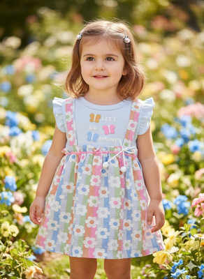 Kiko Indi Girls Above Knee Casual Dress(Blue, Half Sleeve)