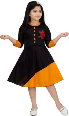 JUHI FASHIONS Girls Midi/Knee Length Casual Dress(Black, 3/4 Sleeve)