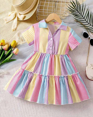 Gen Alfa Indi Girls Midi/Knee Length Party Dress(Multicolor, Short Sleeve)