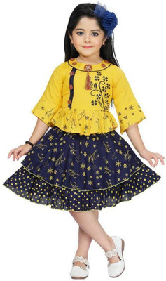 LINK KWALITY GARMENTS Girls Midi/Knee Length Casual Dress(Yellow, 3/4 Sleeve)