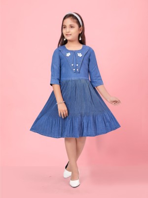 GLOBAL NOMAD Girls Midi/Knee Length Party Dress(Blue, 3/4 Sleeve)