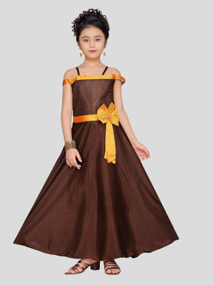 Aarika Girls Maxi/Full Length Party Dress(Brown, Short Sleeve)
