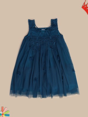 MINI KLUB Girls Midi/Knee Length Casual Dress(Blue, Sleeveless)