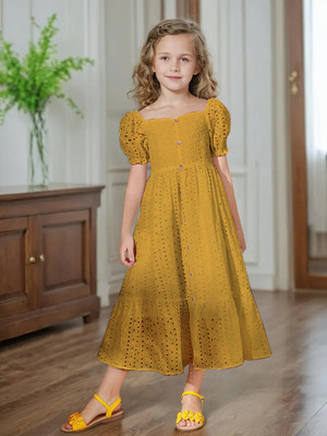 Style Connect Girls Midi/Knee Length Party Dress(Yellow, Half Sleeve)