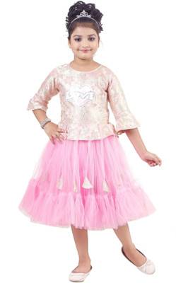 KJD Girls Below Knee Party Dress(Pink, 3/4 Sleeve)