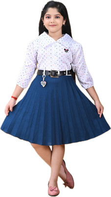 EMIYX Girls Midi/Knee Length Casual Dress(Dark Blue, White, 3/4 Sleeve)