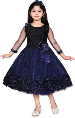 RMR CLOTHES Girls Calf Length Festive/Wedding Dress(Blue, 3/4 Sleeve)