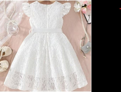 ABERL Girls Above Knee Casual Dress(White, Half Sleeve)