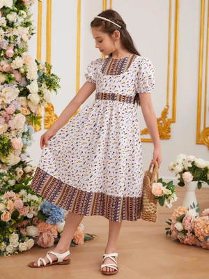 WHITEWORLD Girls Midi/Knee Length Party Dress(White, Short Sleeve)