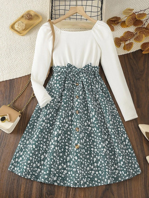 Miss & Chief Girls Midi/Knee Length Party Dress(Green, Full Sleeve)