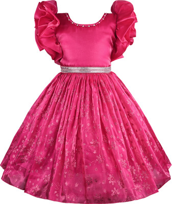 Wishkaro Girls Midi/Knee Length Party Dress(Red, Short Sleeve)