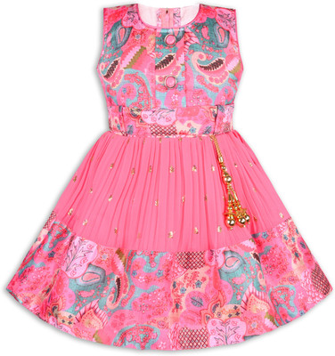 Wishkaro Girls Midi/Knee Length Party Dress(Pink, Sleeveless)