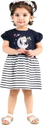 PY PINKYOU Indi Baby Girls Midi/Knee Length Casual Dress(Dark Blue, Short Sleeve)