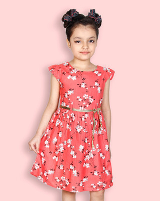 ADDYVERO Girls Midi/Knee Length Casual Dress(Orange, Short Sleeve)