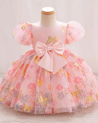 LAADO FASHION SHOP Girls Midi/Knee Length Party Dress(Pink, Short Sleeve)