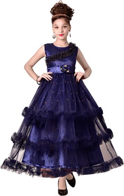 VIVEKGARMENT Girls Maxi/Full Length Festive/Wedding Dress(Dark Blue, Sleeveless)