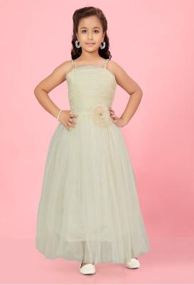 MUHURATAM Indi Girls Maxi/Full Length Party Dress(White, Sleeveless)