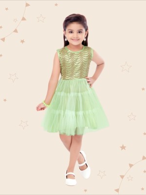 Kidotsav Indi Girls Midi/Knee Length Party Dress(Light Green, Sleeveless)