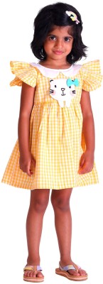Little Llama Indi Girls Midi/Knee Length Casual Dress(Yellow, Short Sleeve)