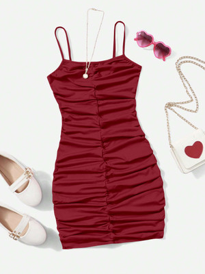 dhru Girls Above Knee Casual Dress(Maroon, Sleeveless)