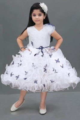 Zenat Girls Calf Length Casual Dress(White, Sleeveless)