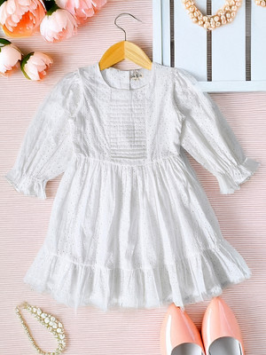 Bella Moda Girls Midi/Knee Length Casual Dress(White, 3/4 Sleeve)