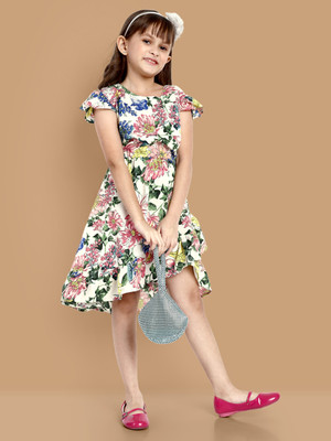 Lazy Shark Girls Midi/Knee Length Casual Dress(Multicolor, Short Sleeve)