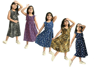 MTI FASHIONS Indi Girls Below Knee Casual Dress(Multicolor, Sleeveless)