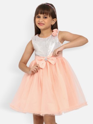 NautiNati Girls Midi/Knee Length Party Dress(Orange, Sleeveless)