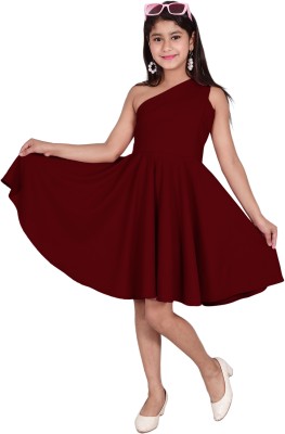 Oliaz Indi Girls Midi/Knee Length Casual Dress(Maroon, Sleeveless)