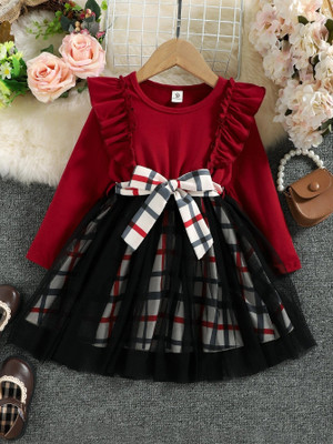 nexakids Indi Girls Midi/Knee Length Party Dress(Maroon, Full Sleeve)