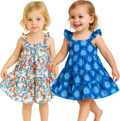 TotzTouch Girls Midi/Knee Length Casual Dress(Light Blue, Cap Sleeve)