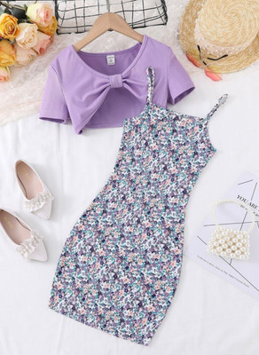 botgo Girls Midi/Knee Length Casual Dress(Purple, Sleeveless)