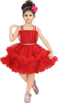 DADDYZ Girls Below Knee Casual Dress(Red, Sleeveless)