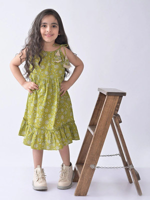 Sangria Girls Midi/Knee Length Casual Dress(Green, Sleeveless)